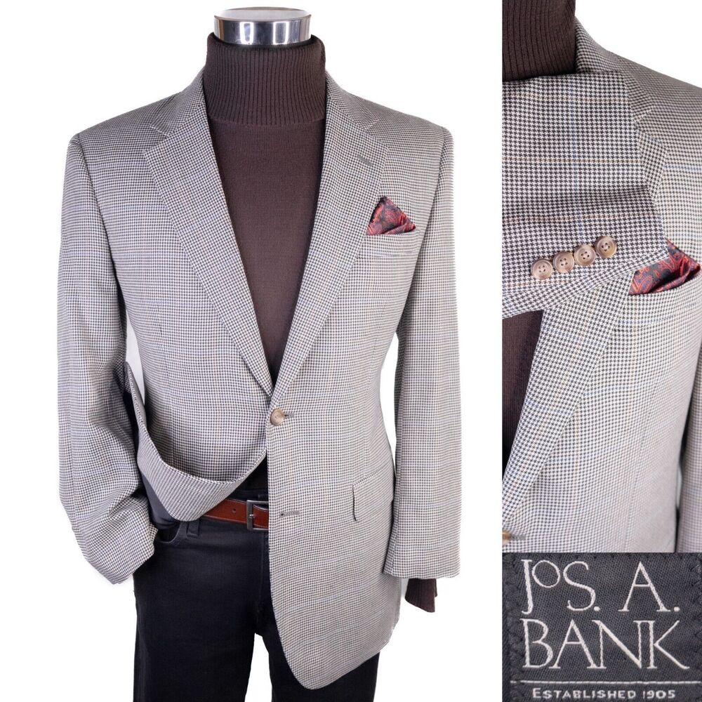 Jos A Bank Blazer Sz 40R/S Houndstooth Sports Coat Suit Jacket Wool/Silk 2Button